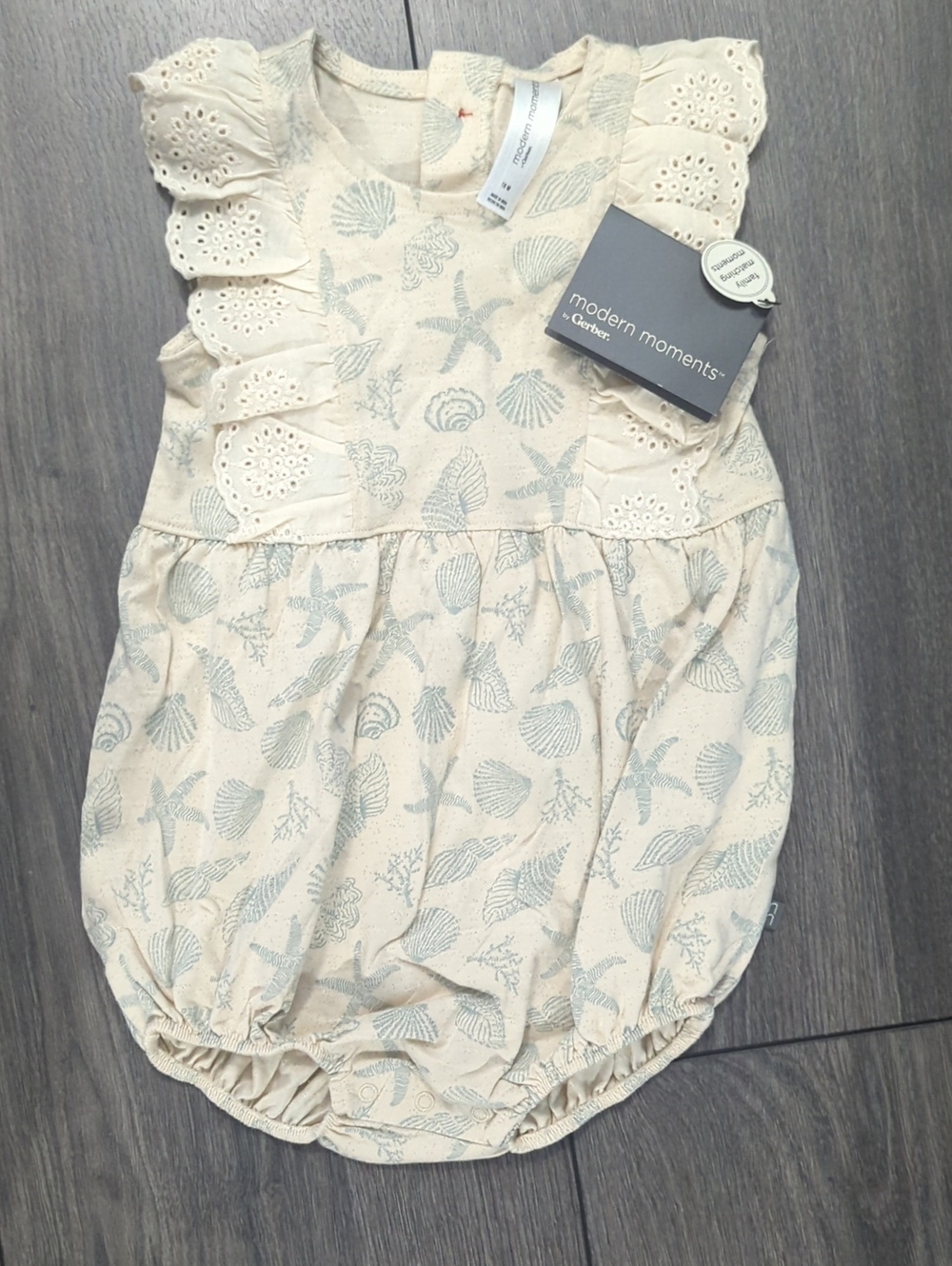 Gerber Modern Moments Cotton Cream Shell-Print Eyelet Baby Romper